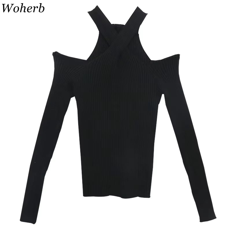Y2K 2026 Spring Autumn Sexy Hollow Off-Shoulder Knitted Tops Solid Ladies Korean Clothes Sweater Pullovers Jumper
